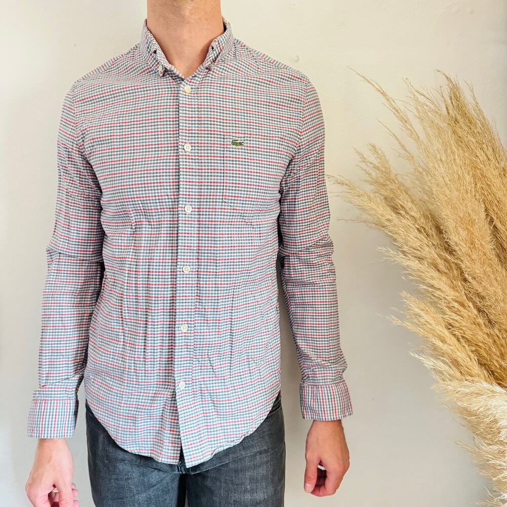 LACOSTE Red Blue White Plaid Print Button Long Sleeve $145 Dress Shirt 38 S